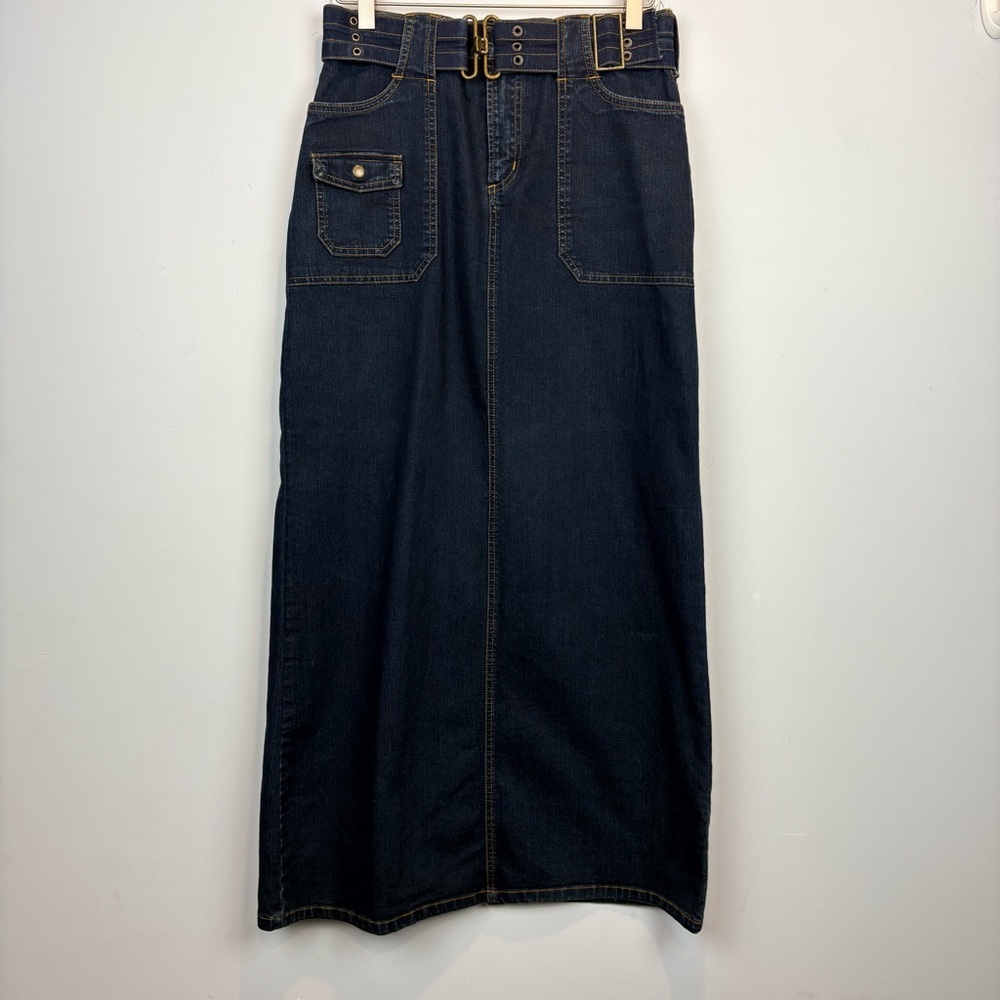 Vintage Y2K Gasoline Jeans Dark Wash Denim Maxi Skirt w/ Belt Utility Pocket - Picture 2 of 13